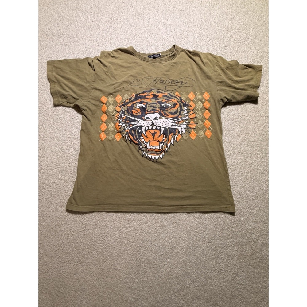 Ed Hardy by Christian Audigier Tiger Graphic T‎ Shirt Olive Green Y2K Adult XL